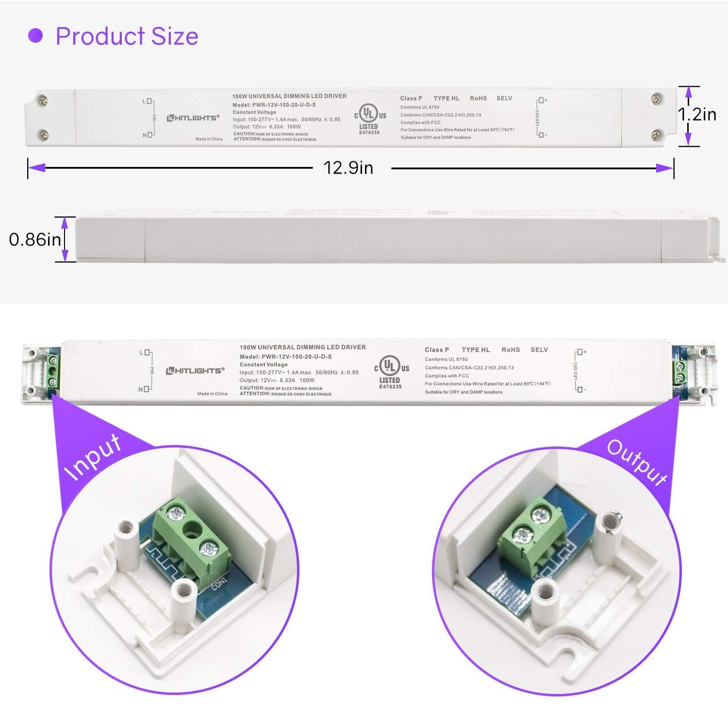 HitLights LED Light Strip Power Supplies and Batteries 100 Watt S-Series Dimmable Driver (Electronic, UL) - 12 Volt