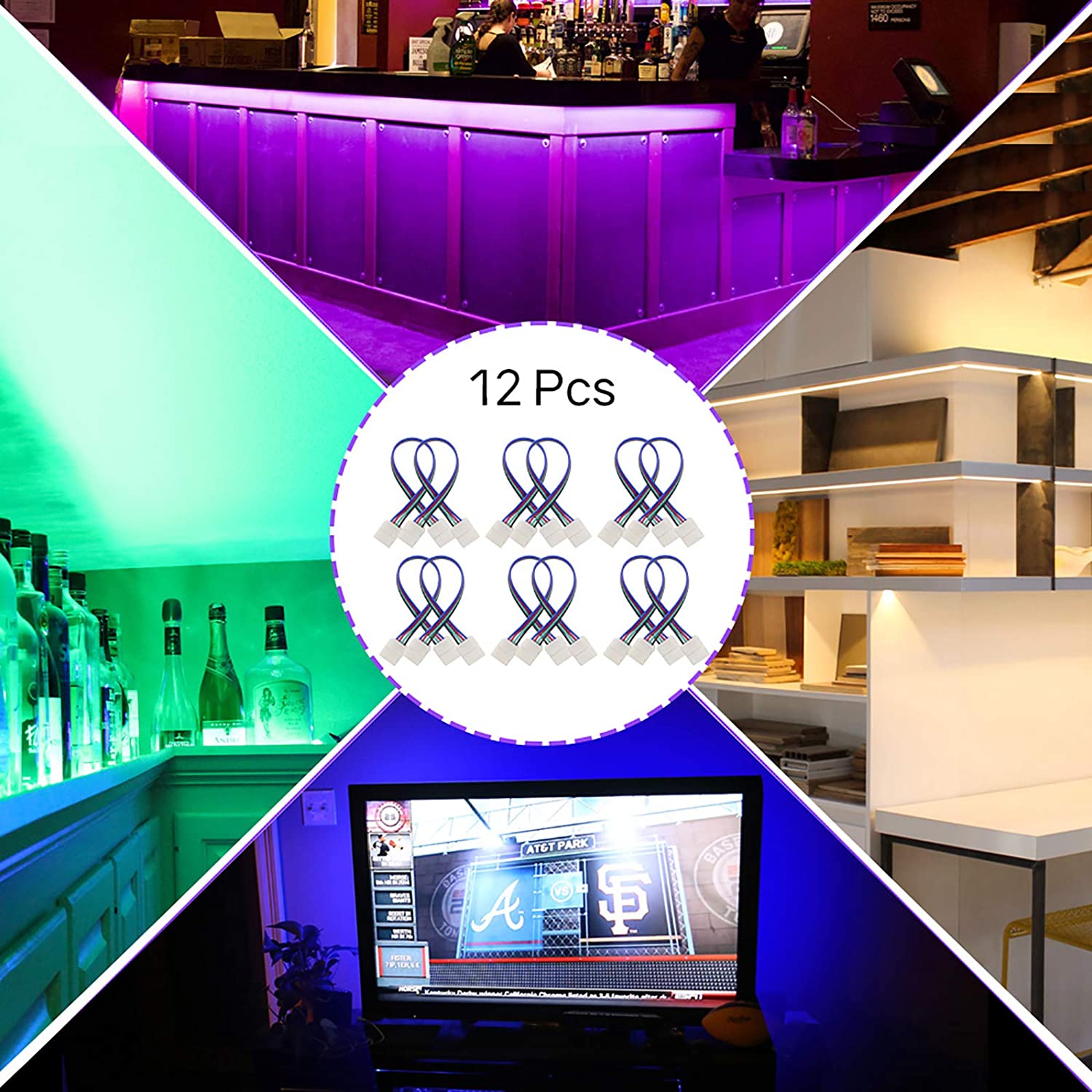 HitLights LED Light Strip Connectors and Accessories 10mm (5050) Solderless LED Light Strip Connectors and Extensions : RGB Multicolor - 6 Inch Any Angle (12 Pack)