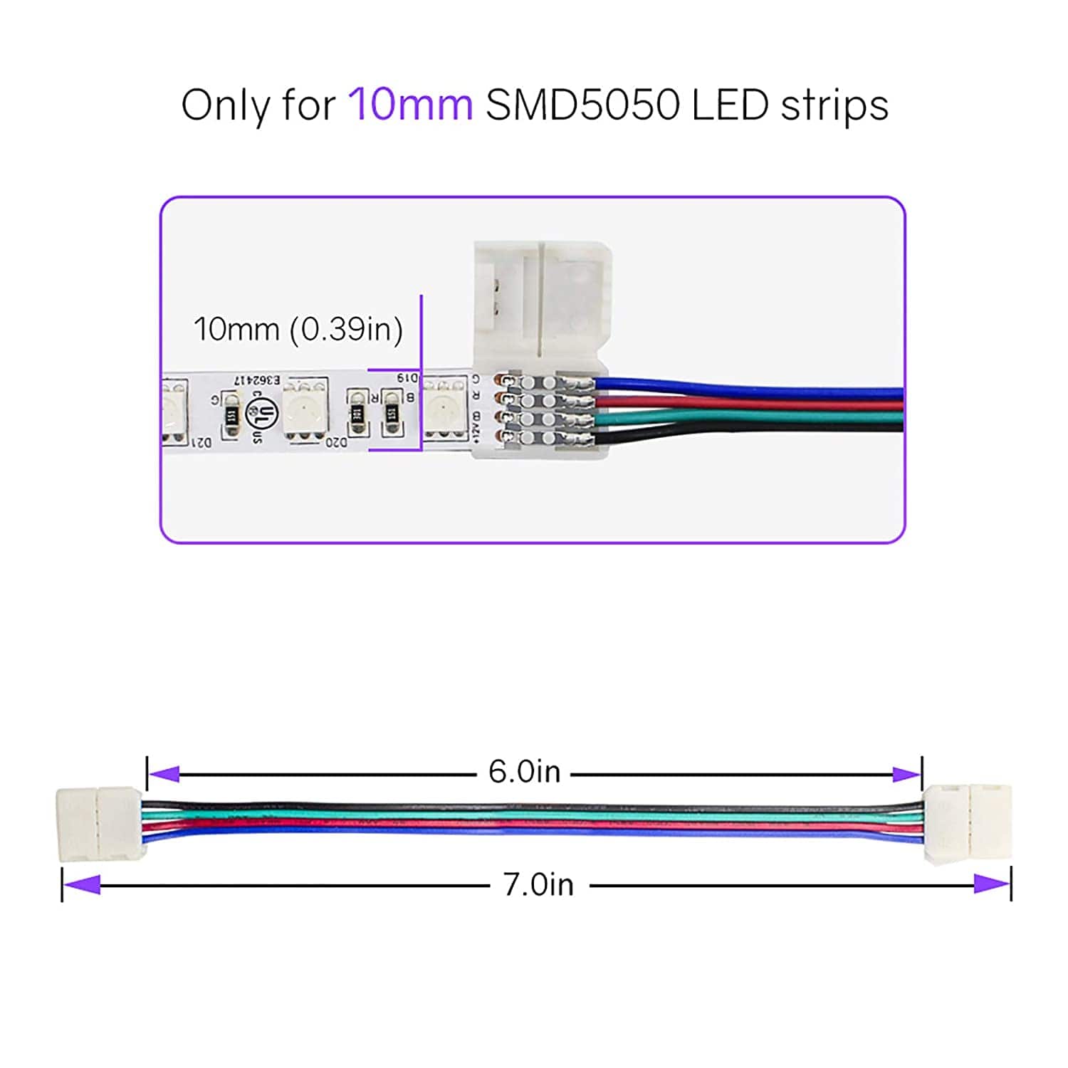 HitLights LED Light Strip Connectors and Accessories 10mm (5050) Solderless LED Light Strip Connectors and Extensions : RGB Multicolor - 6 Inch Any Angle (12 Pack)