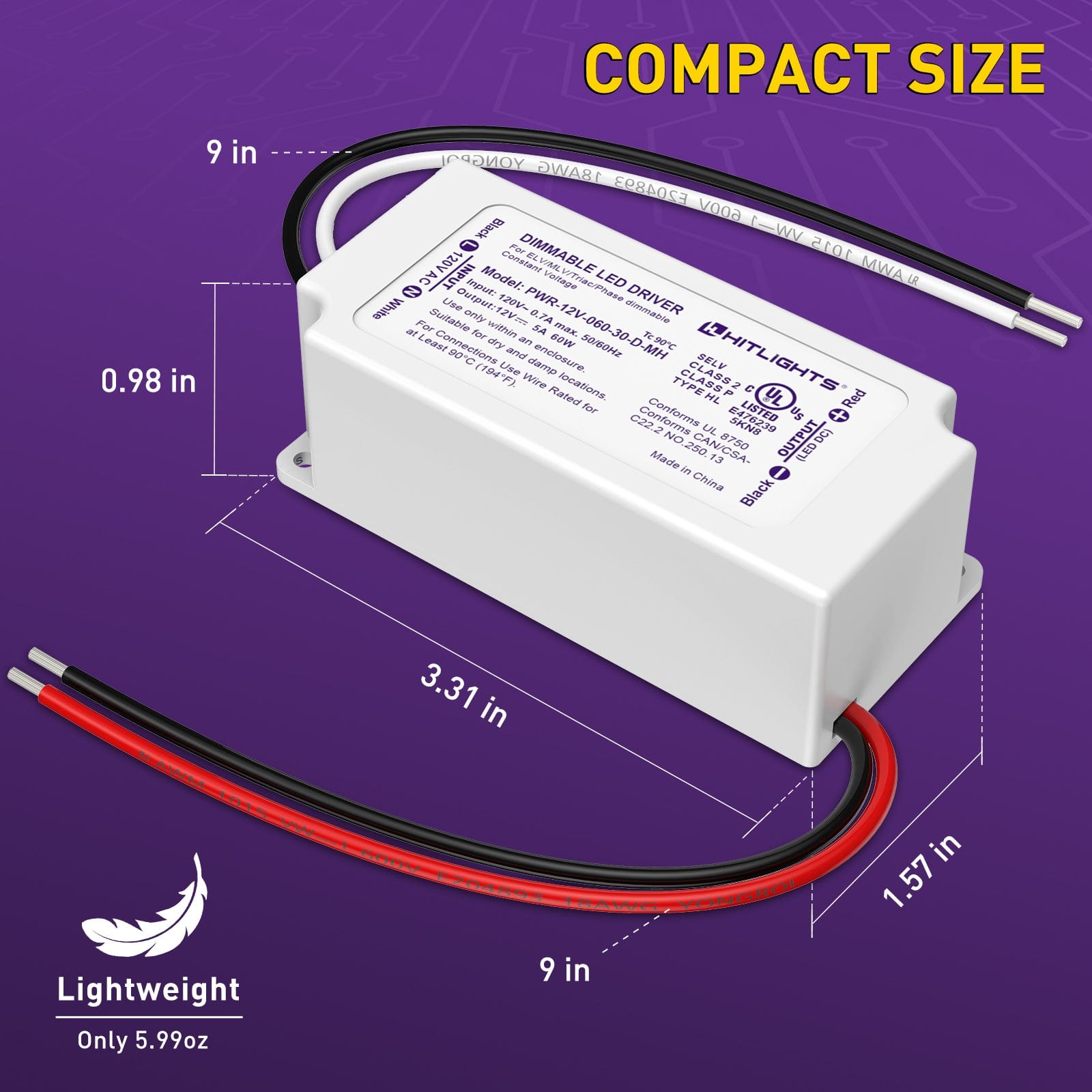 HitLights 12V 60 Watt Mini LED Dimmable Driver (Electronic, UL Listed)
