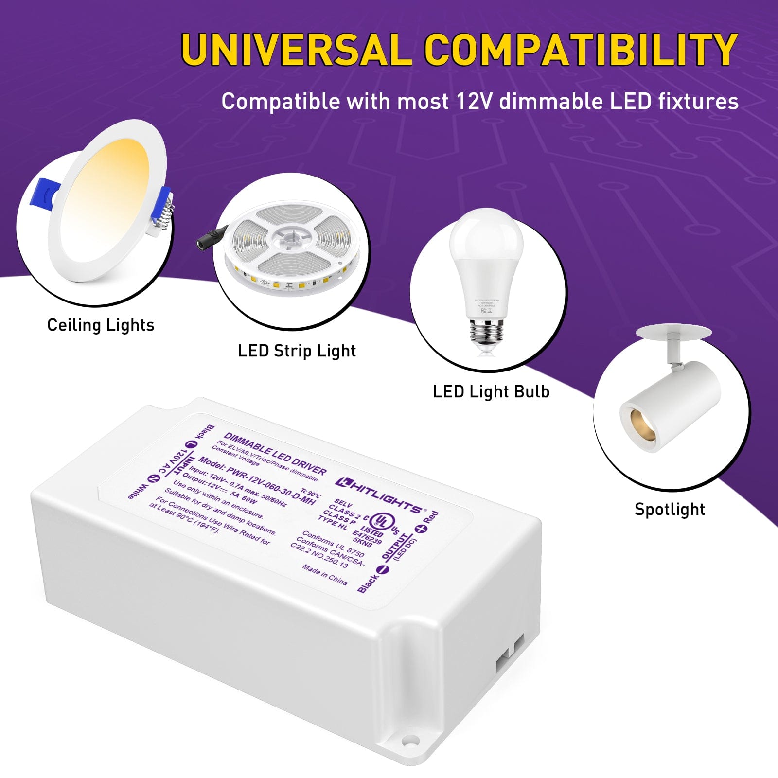 HitLights 12V 60 Watt Mini LED Dimmable Driver (Electronic, UL Listed)