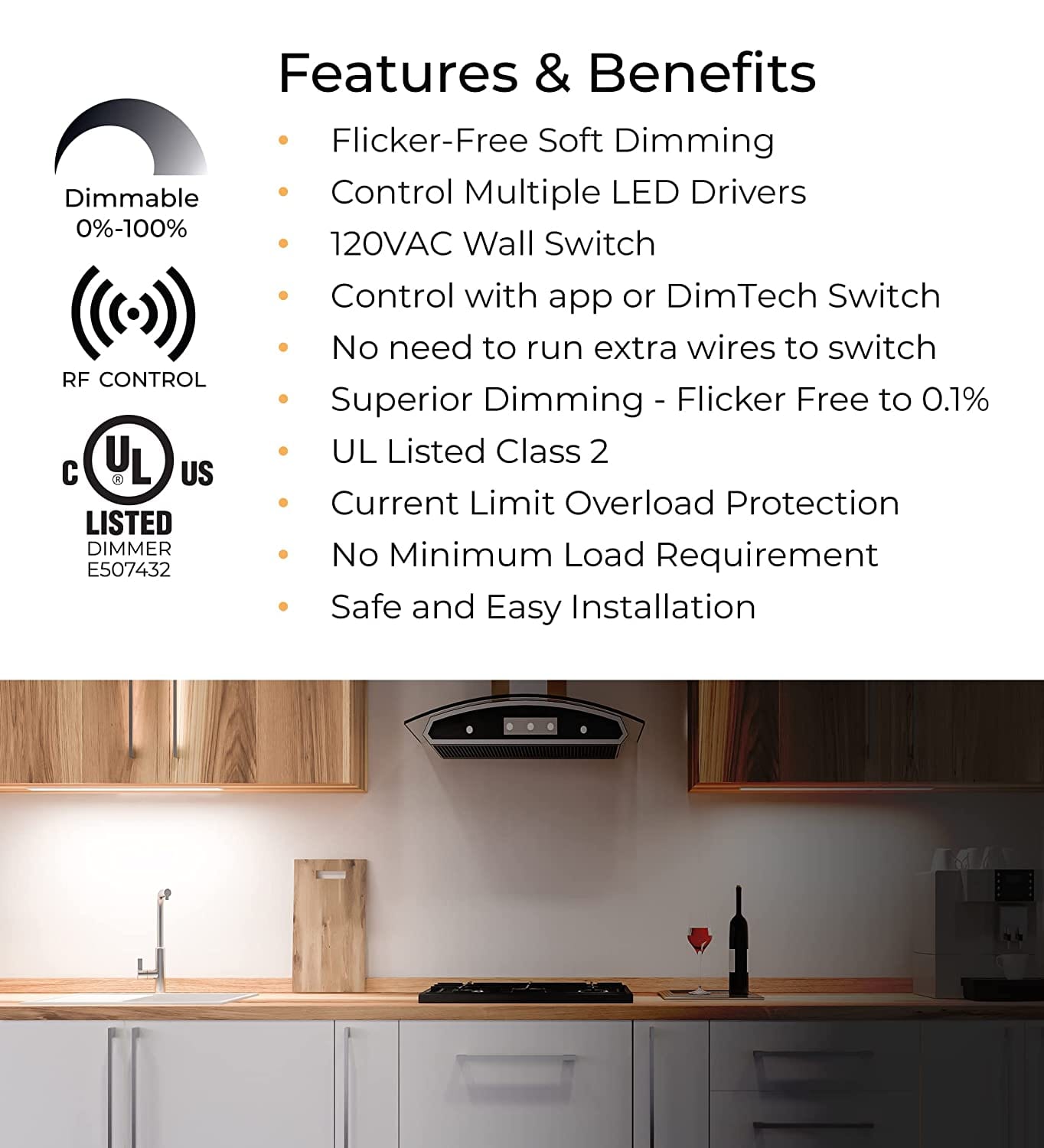 HitLights 24V/90W RF Dimmable UL Listed LED Driver and Smart RF Dimmable Wall Switch Combo Kit