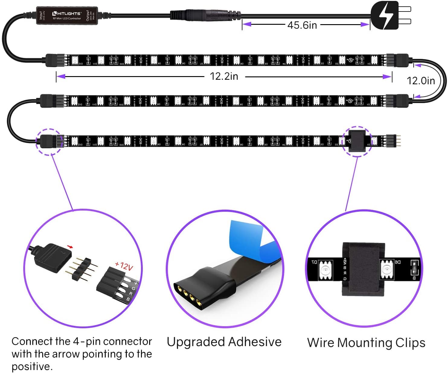 HitLights Multicolor RGB LED Light Strips 3 Pre-Cut 12Inch/36Inch Eclipse Kit LED Strip Lights