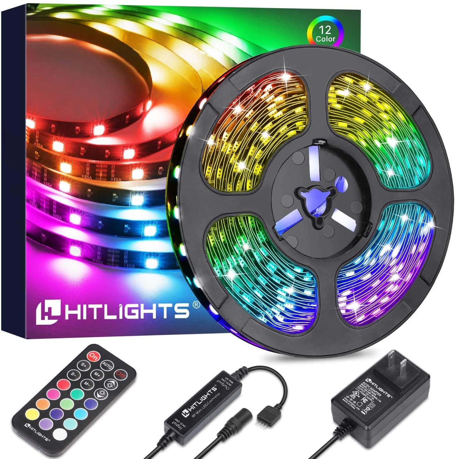 HitLights RGB LED Strip Lights Kit - 4 Pre-Cut 1ft/4ft Small Color Changing  LED Tape Lights+ RF Remote Controller+DC 12-24V, 28-Key Wireless Dimmer 