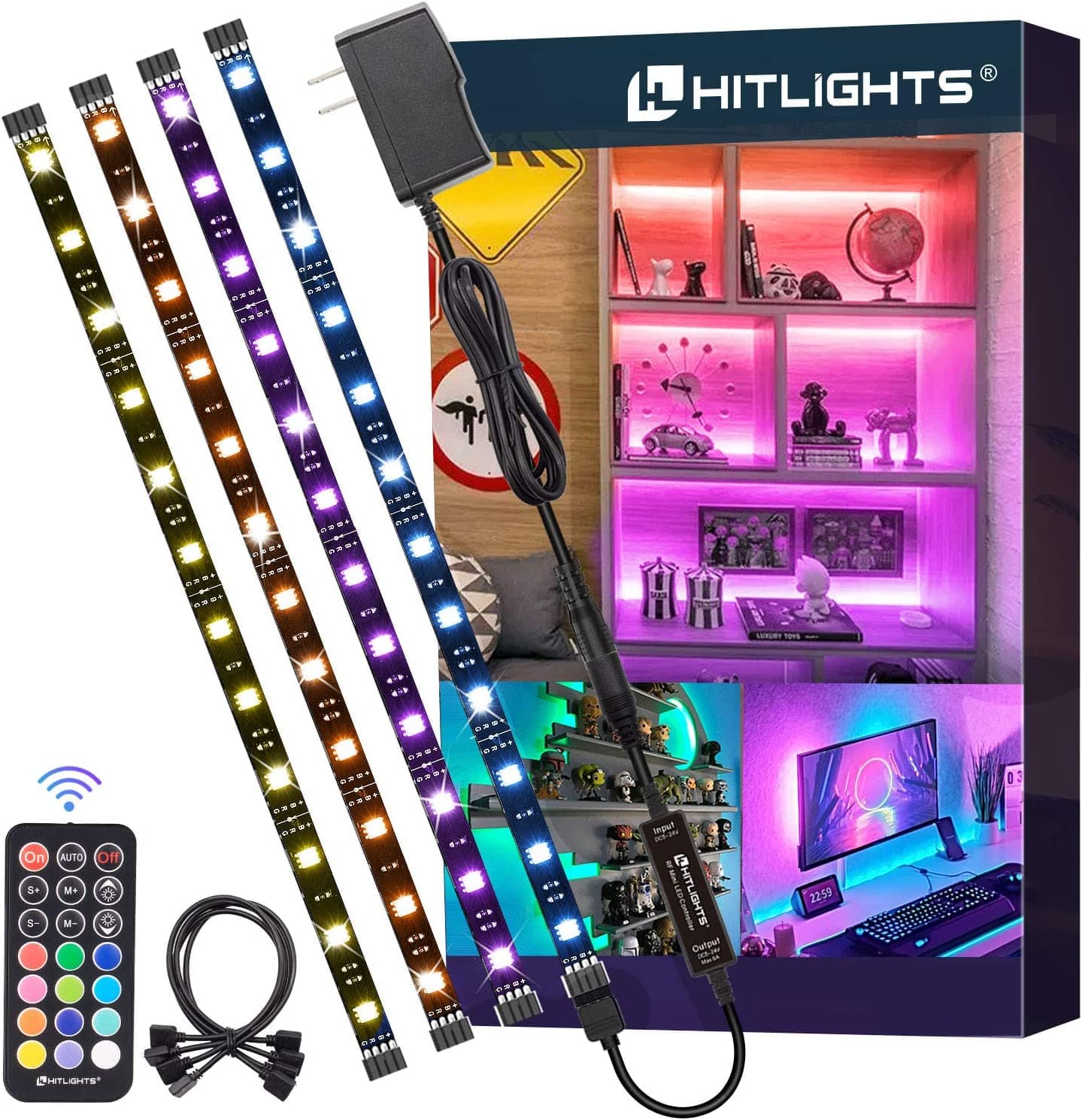 LED Strip Lights, Hitlights 4 Pre-Cut 1ft/4ft Small LED Light Strips Dimmable, RGB 5050 Color Changing LED Tape Light with Remote and UL-Listed