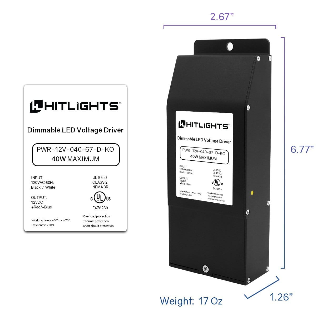 HitLights LED Light Strip Power Supplies and Batteries 40 Watt EK-Series Dimmable Driver (Knockout version), Waterproof (Electronic, UL-Listed) - 12 Volt