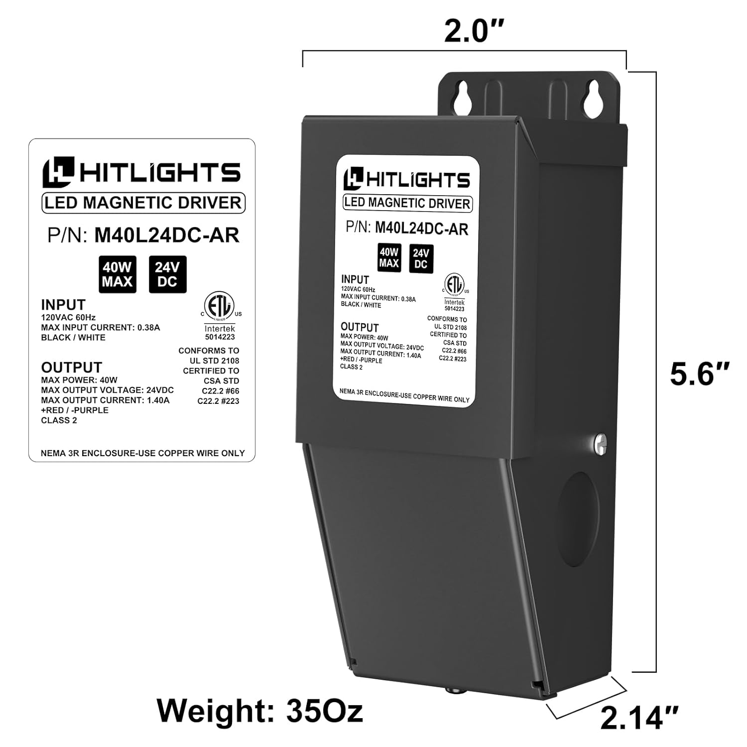 40 Watt M-Series Dimmable Driver (Magnetic, ETL, USA Assembled) - 24 Volt