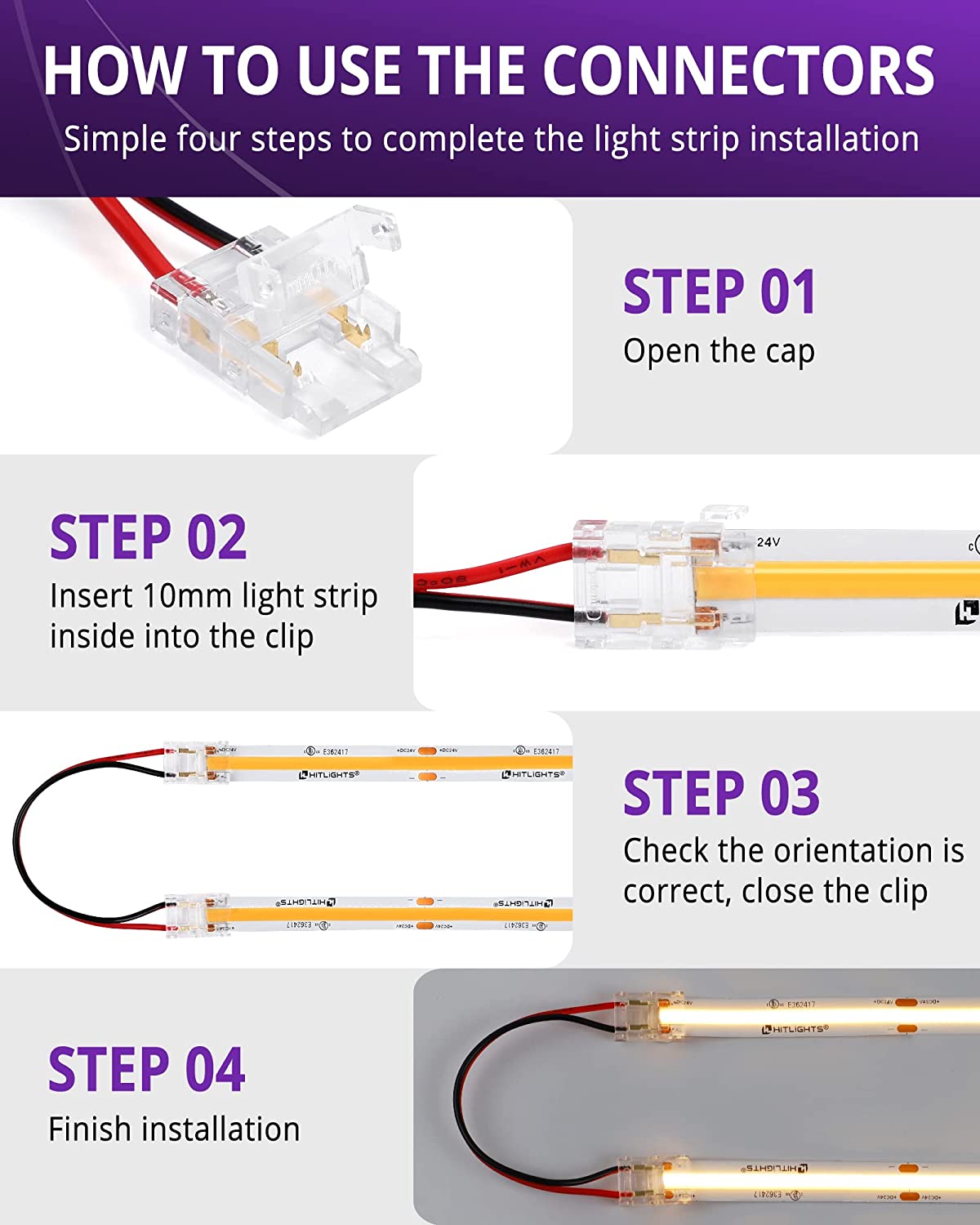 HitLights 6 Inch Any Angle (10 Pack) 2Pin 10mm Solderless LED Light Strip Connector : Single Color