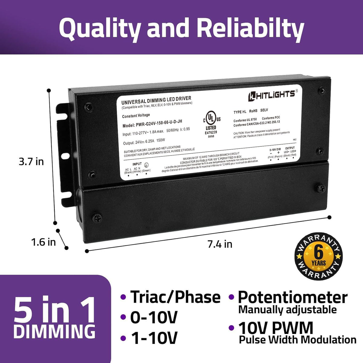 24V LED Dimmable Driver 150W 5-in-1 Waterproof UL Listed