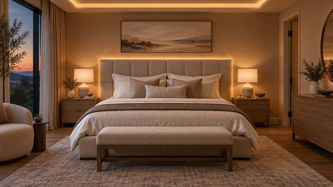 Warm LED cove and accent strip lighting in a professionally designed primary bedroom