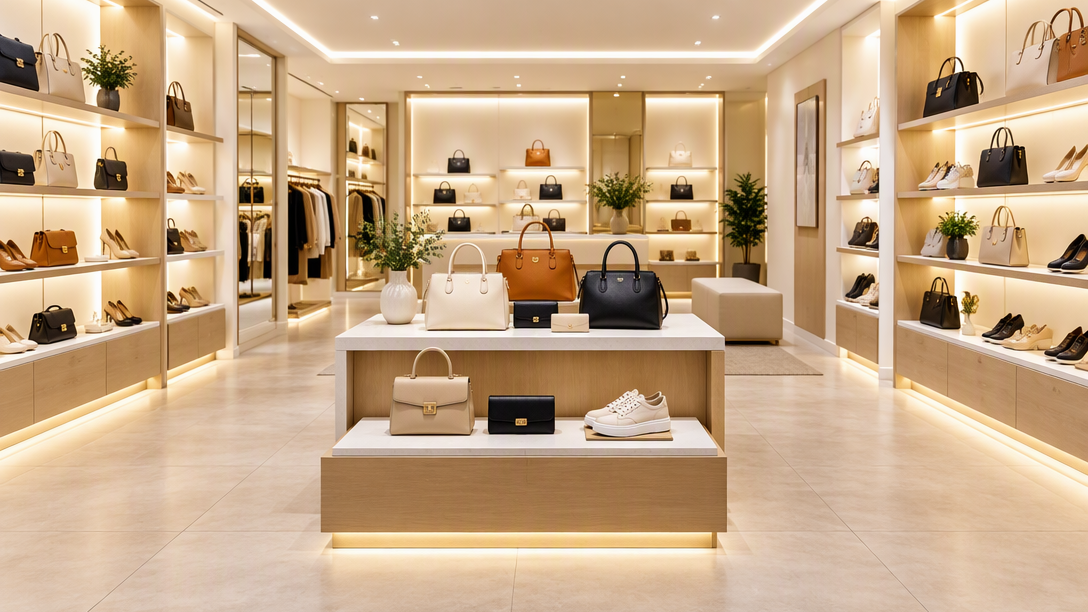 Commercial retail store interior lit with LED strip lighting under display shelves