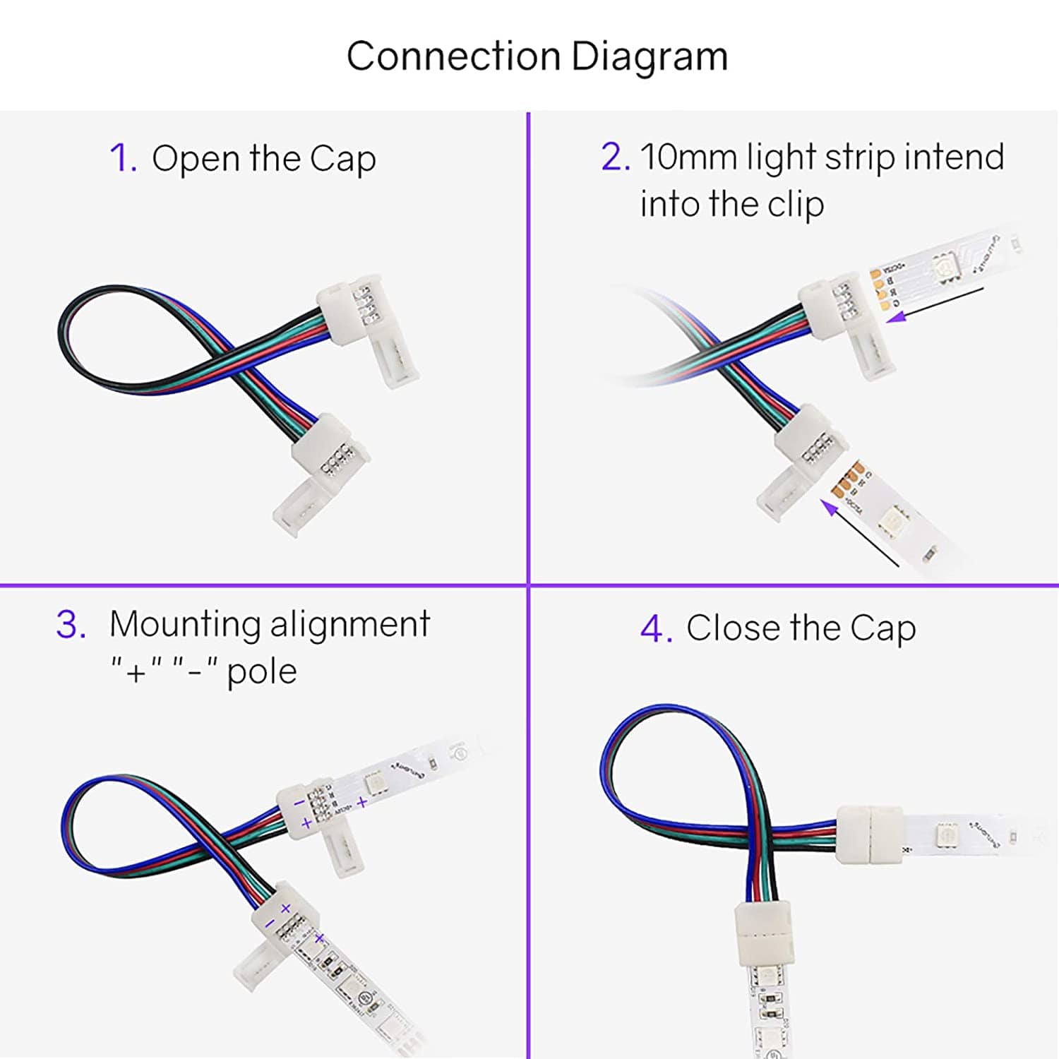 HitLights LED Light Strip Connectors and Accessories 10mm (5050) Solderless LED Light Strip Connectors and Extensions : RGB Multicolor - 6 Inch Any Angle (12 Pack)