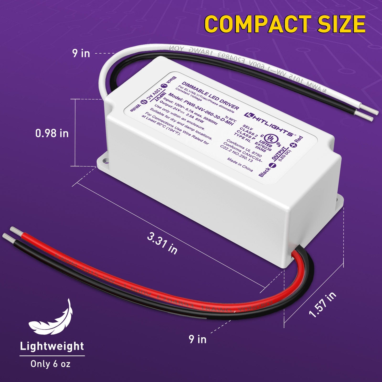 HitLights 24V 60 Watt Mini LED Dimmable Driver  (Electronic, UL Listed)