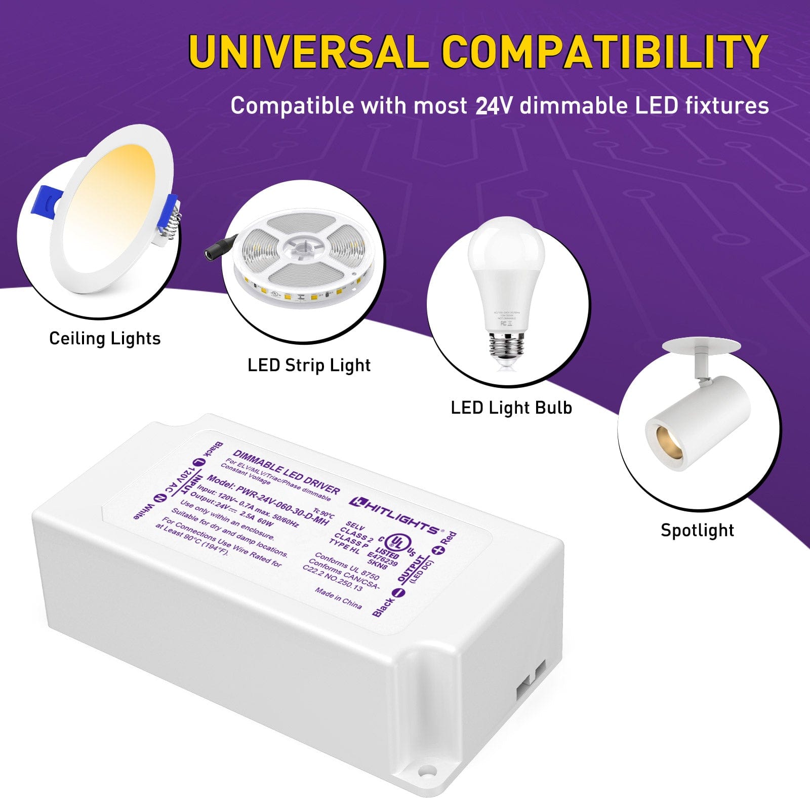 HitLights 24V 60 Watt Mini LED Dimmable Driver  (Electronic, UL Listed)