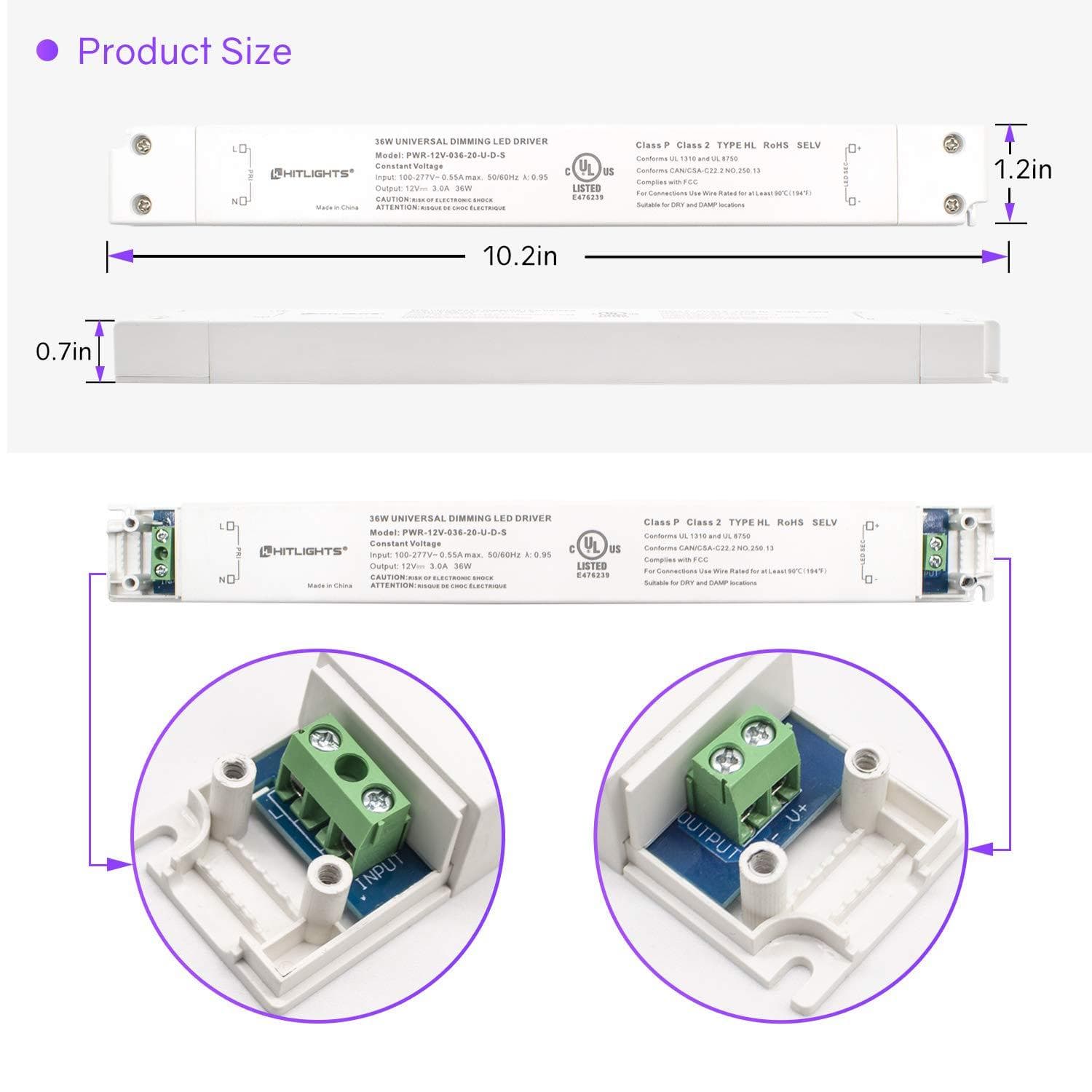 HitLights LED Light Strip Power Supplies and Batteries 36 Watt S-Series Dimmable Driver (Electronic, UL) - 12 Volt