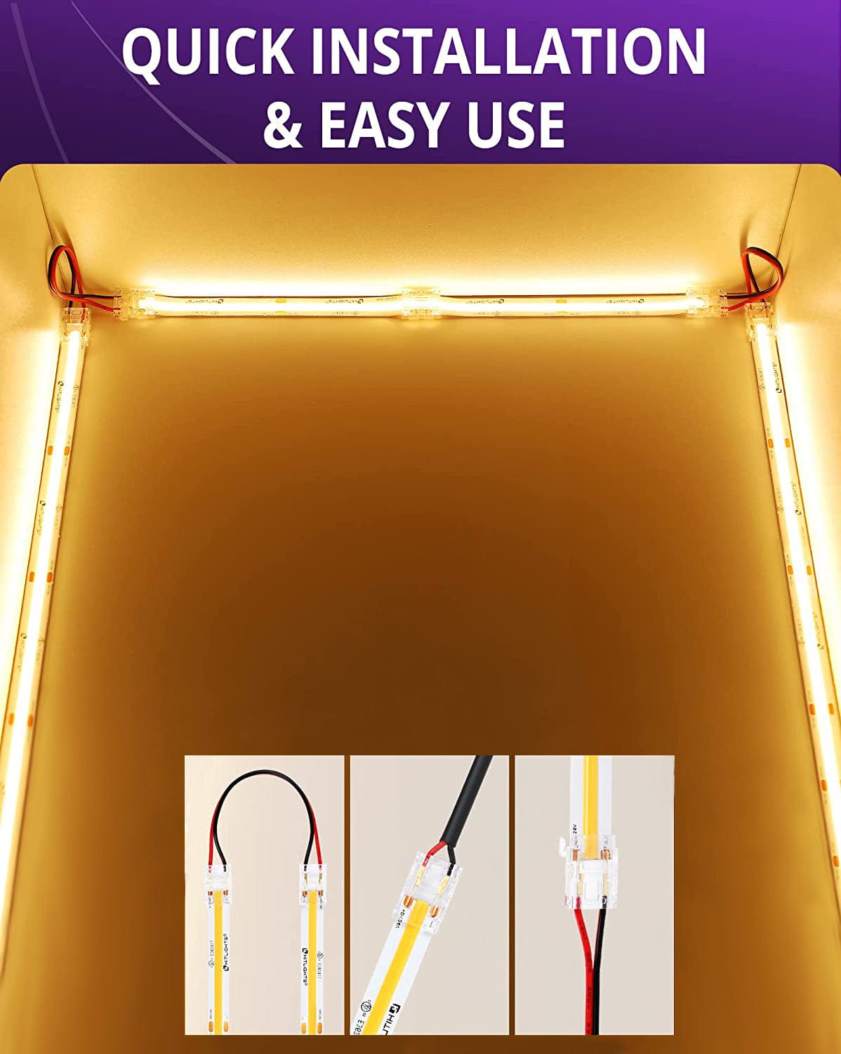 HitLights 6 Inch Any Angle (10 Pack) 2Pin 10mm Solderless LED Light Strip Connector : Single Color