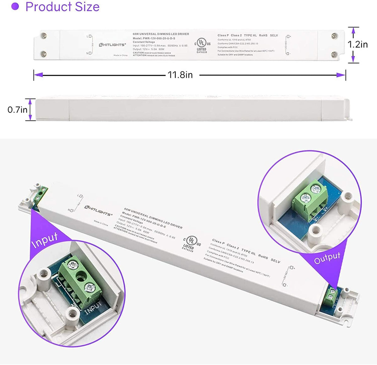12V LED Dimmable Driver 60W Slim UL Listed Class 2