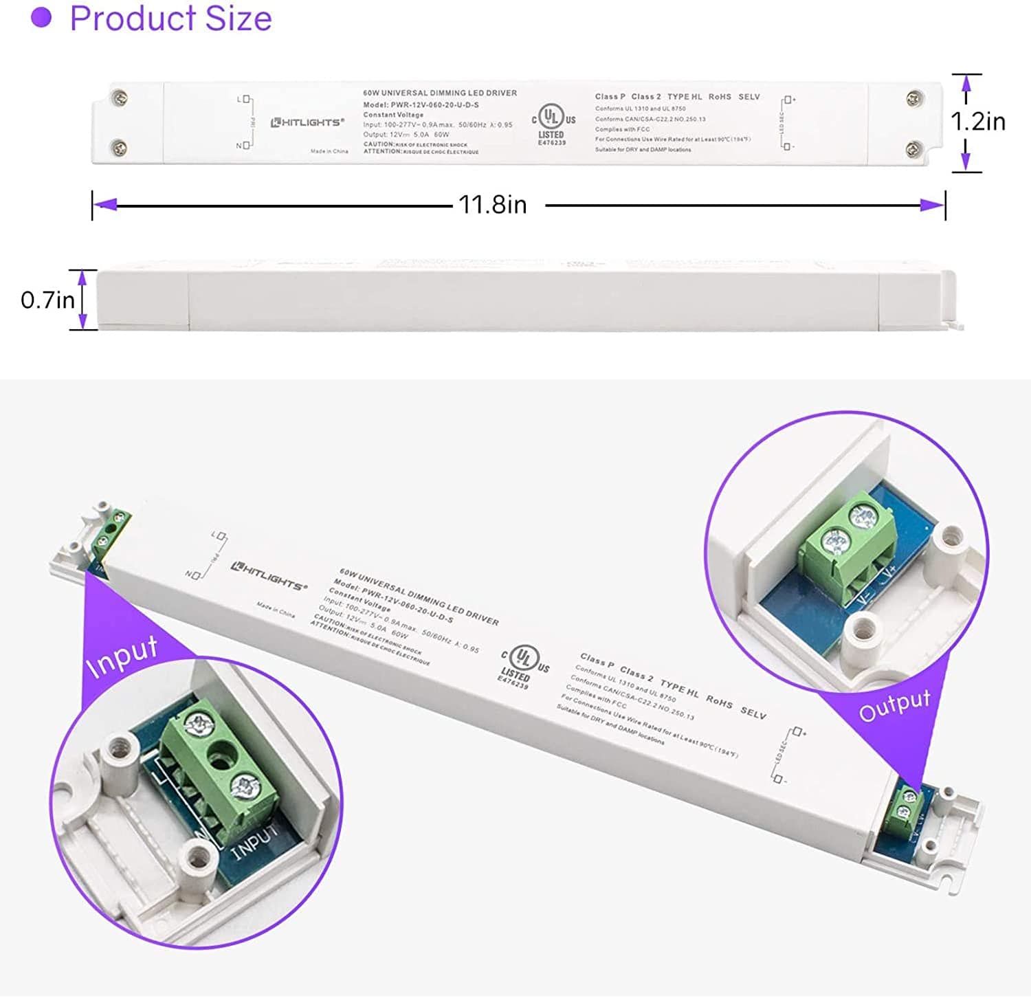 HitLights LED Light Strip Power Supplies and Batteries 60 Watt S-Series Dimmable Driver (Electronic, UL) - 12 Volt