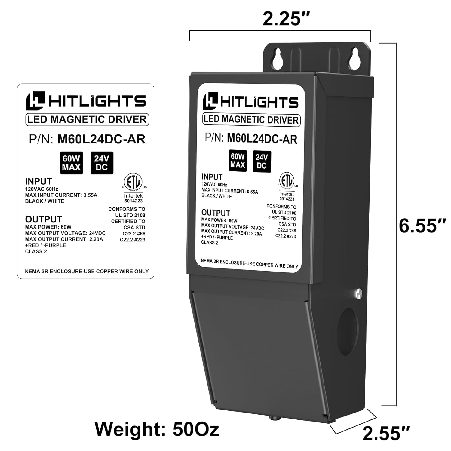 60 Watt M-Series Dimmable Driver (Magnetic, ETL, USA Assembled) - 24 Volt