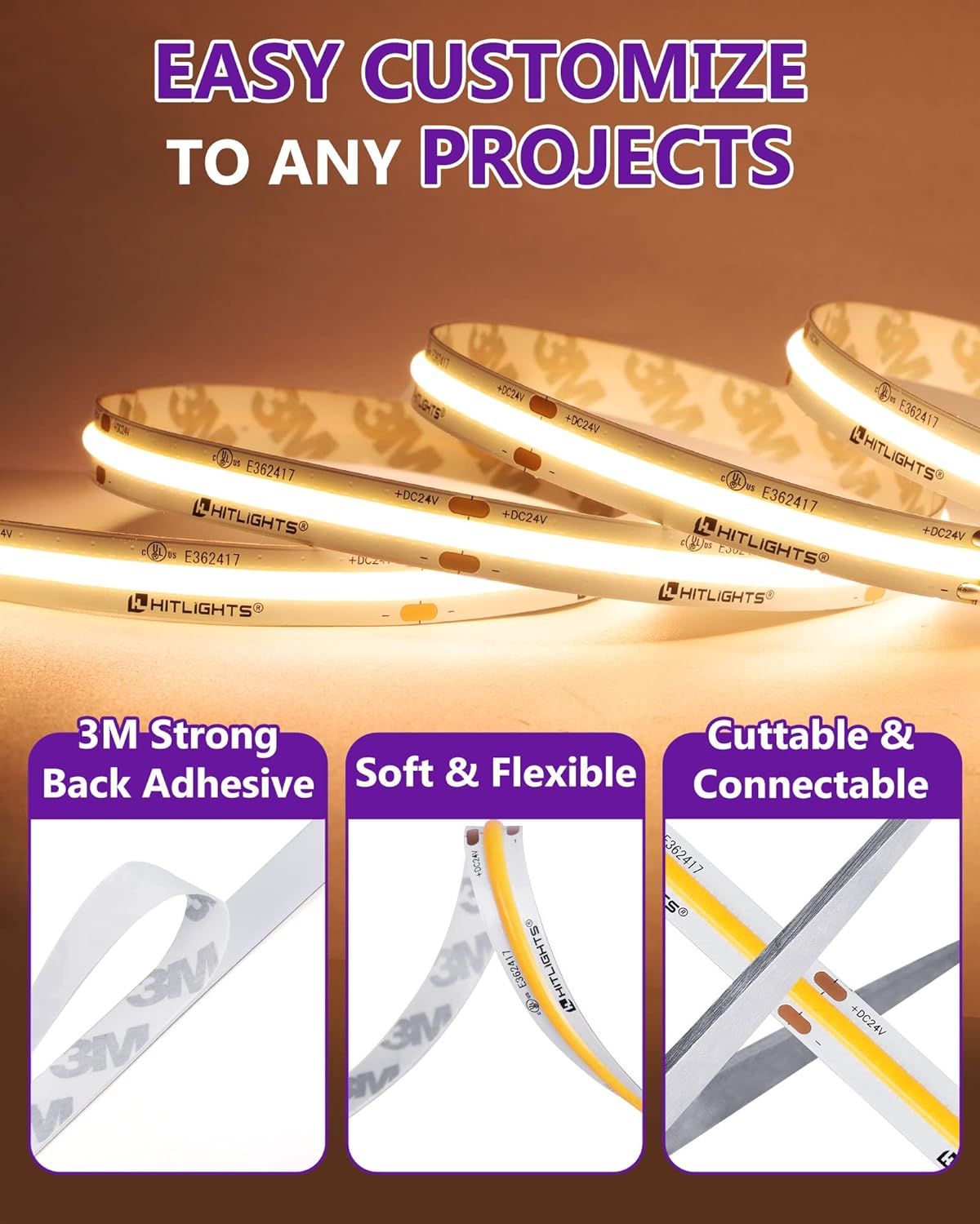 Tira de luces LED COB de 24 V de primera calidad, de un solo color (certificada por UL), 32 pies [IP-30]