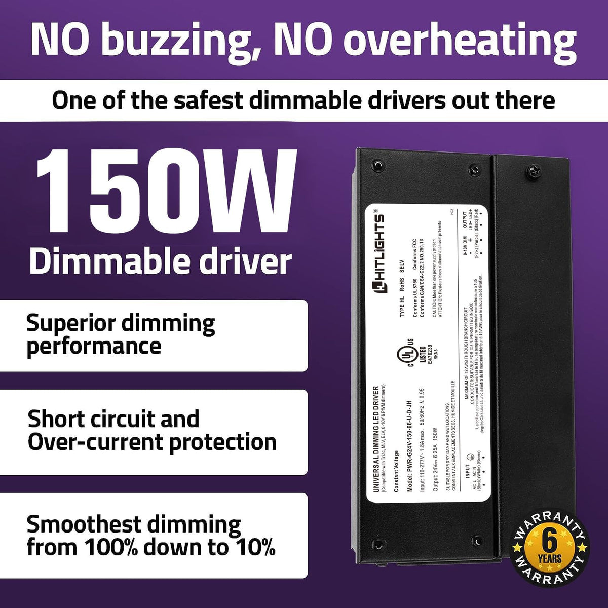 24V LED Dimmable Driver 150W 5-in-1 Waterproof UL Listed