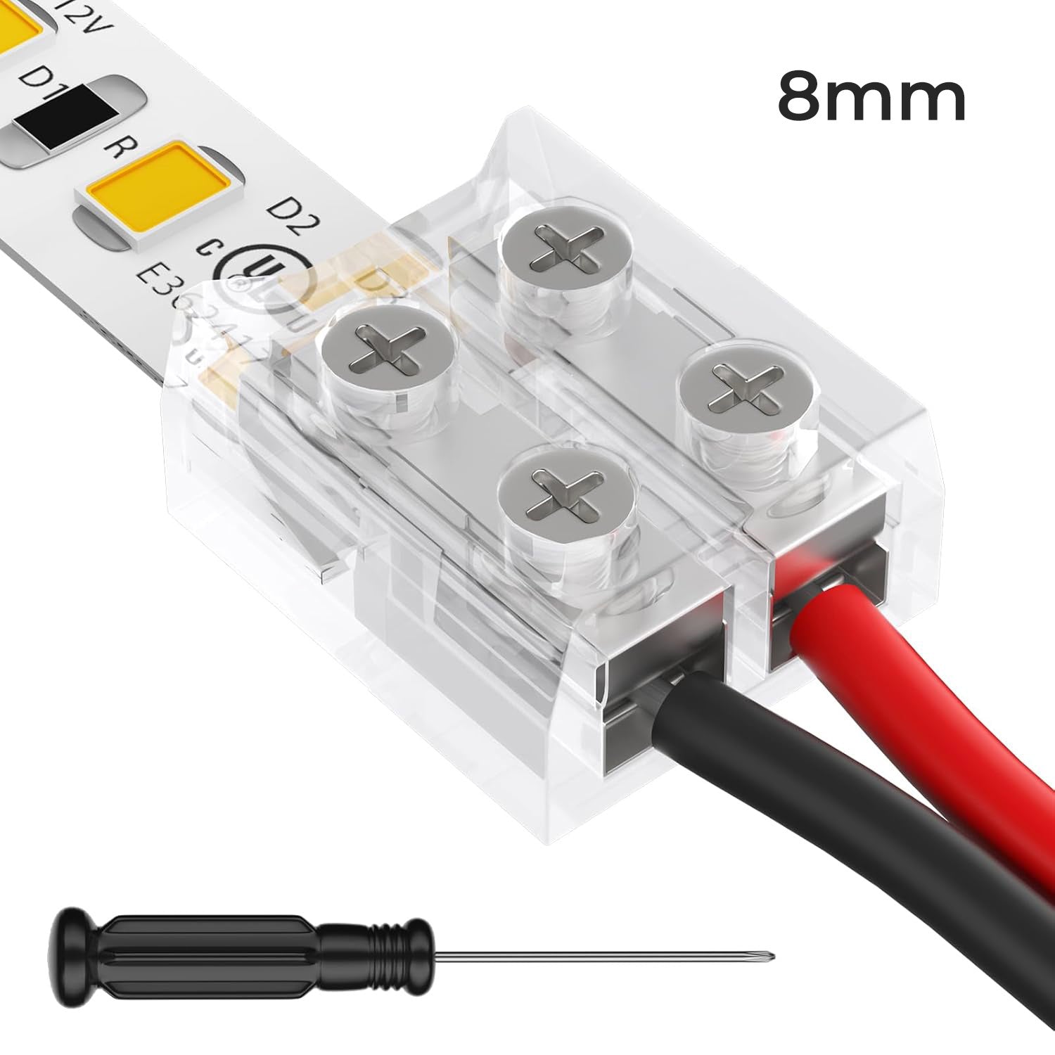 8mm 2 Pin Solderless Transparent Terminal Block LED Light Strip Connectors: Single Color (12 Pack)