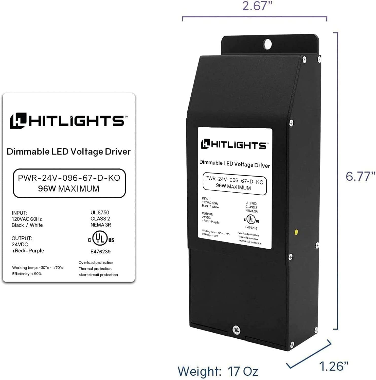 HitLights LED Light Strip Power Supplies and Batteries 96 Watt EK-Series Dimmable Driver (Knockout version), Waterproof (Electronic, UL-Listed) - 24 Volt