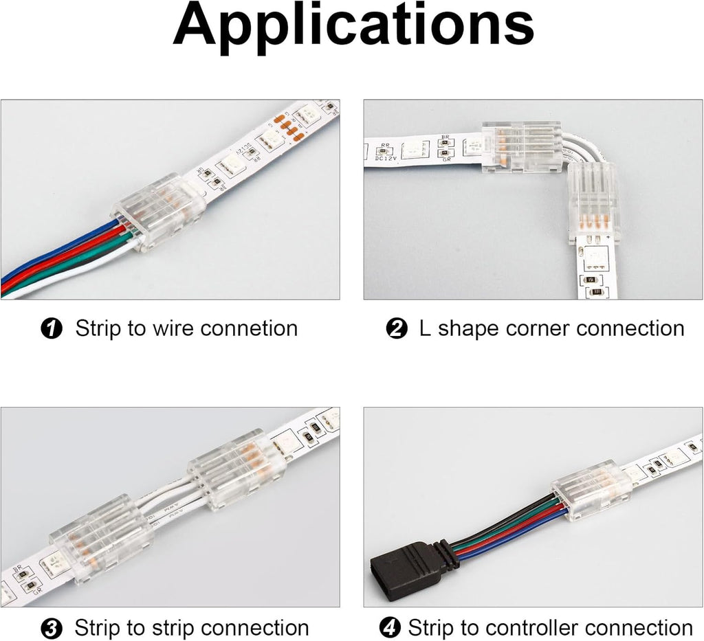 4 Pin Rgb Connector 10mm 4 Pin RGB Strip-to-Strip or Strip-to-Wire LED Connectors (12 Pack