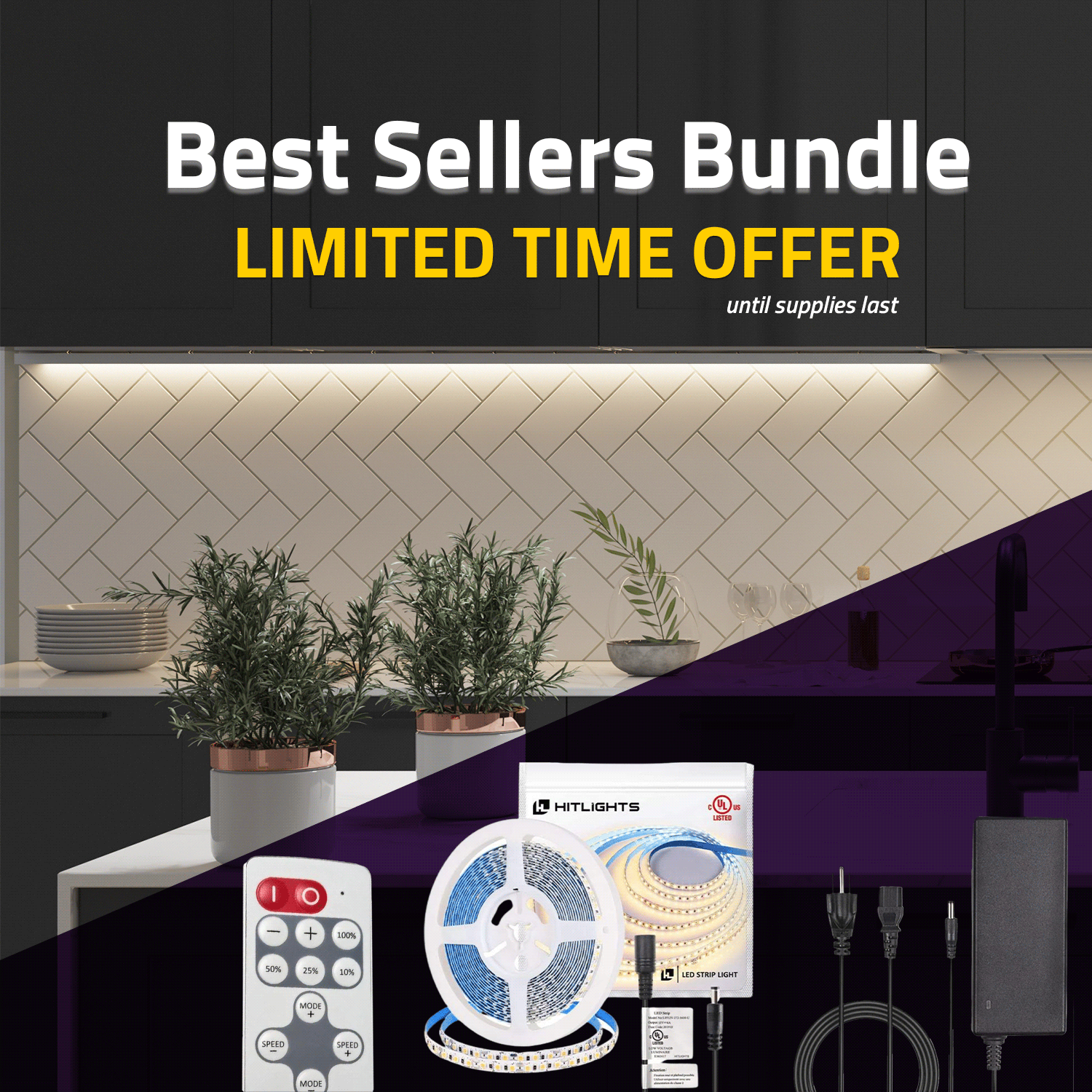 HitLights Single Color LED Light Strip Kit BEST SELLERS Bundle : Premium Luma5 LED Light Strip (Warm White), R110 Mini Single Color Remote Dimmer, 60 Watt DC Power Supply (UL-Listed) - 12 Volt