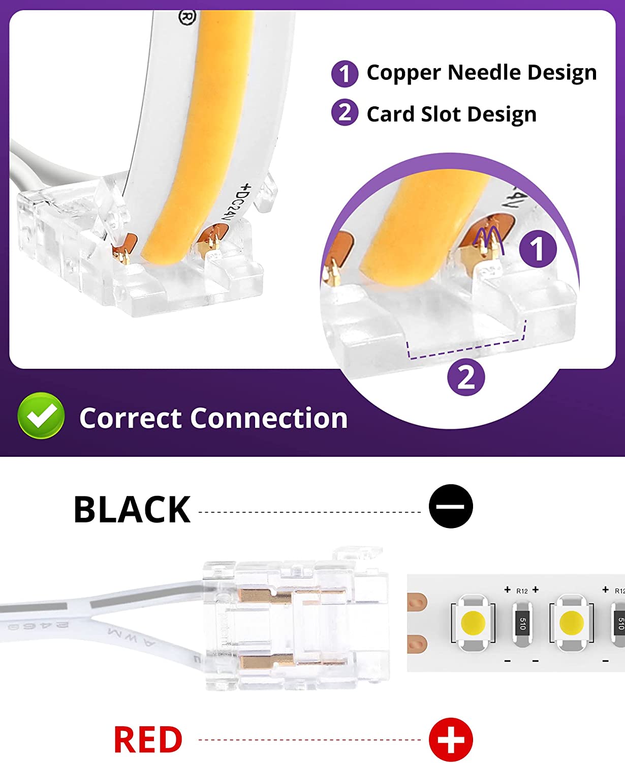 HitLights LED Strip Connectors, 2Pcs 6FT 10mm 2 Pin Led Light Strip Jumper Connectors