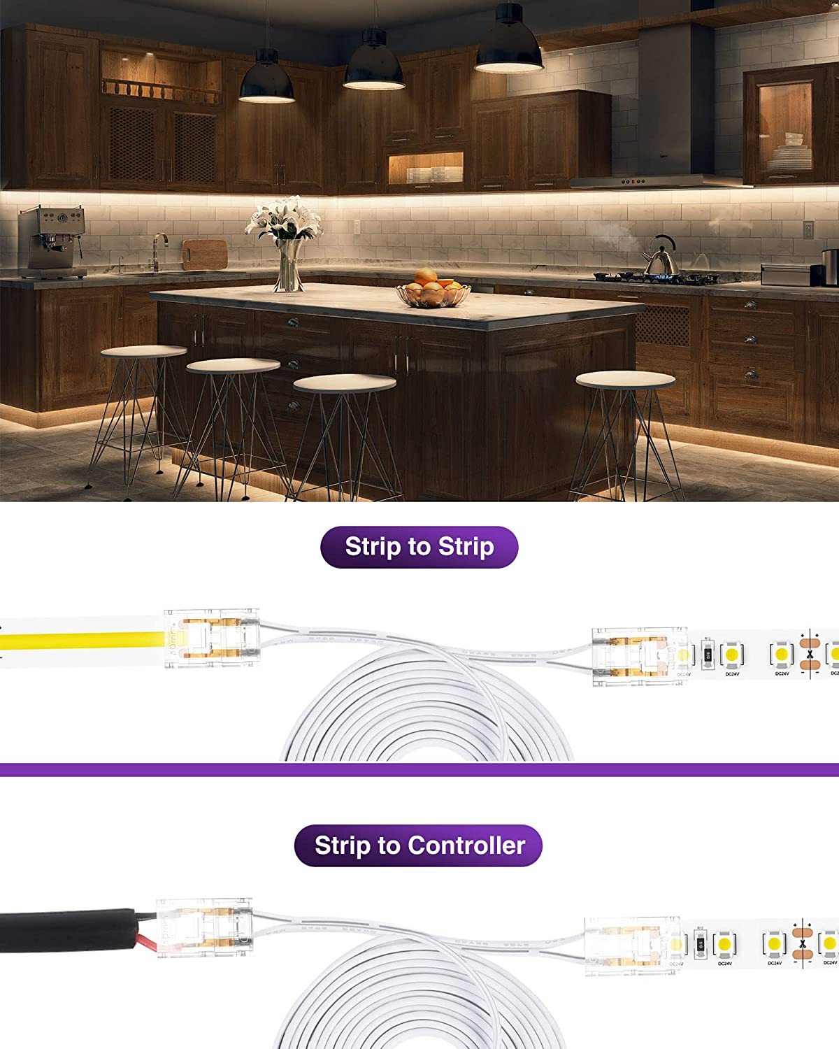 HitLights LED Strip Connectors, 2Pcs 6FT 10mm 2 Pin Led Light Strip Jumper Connectors