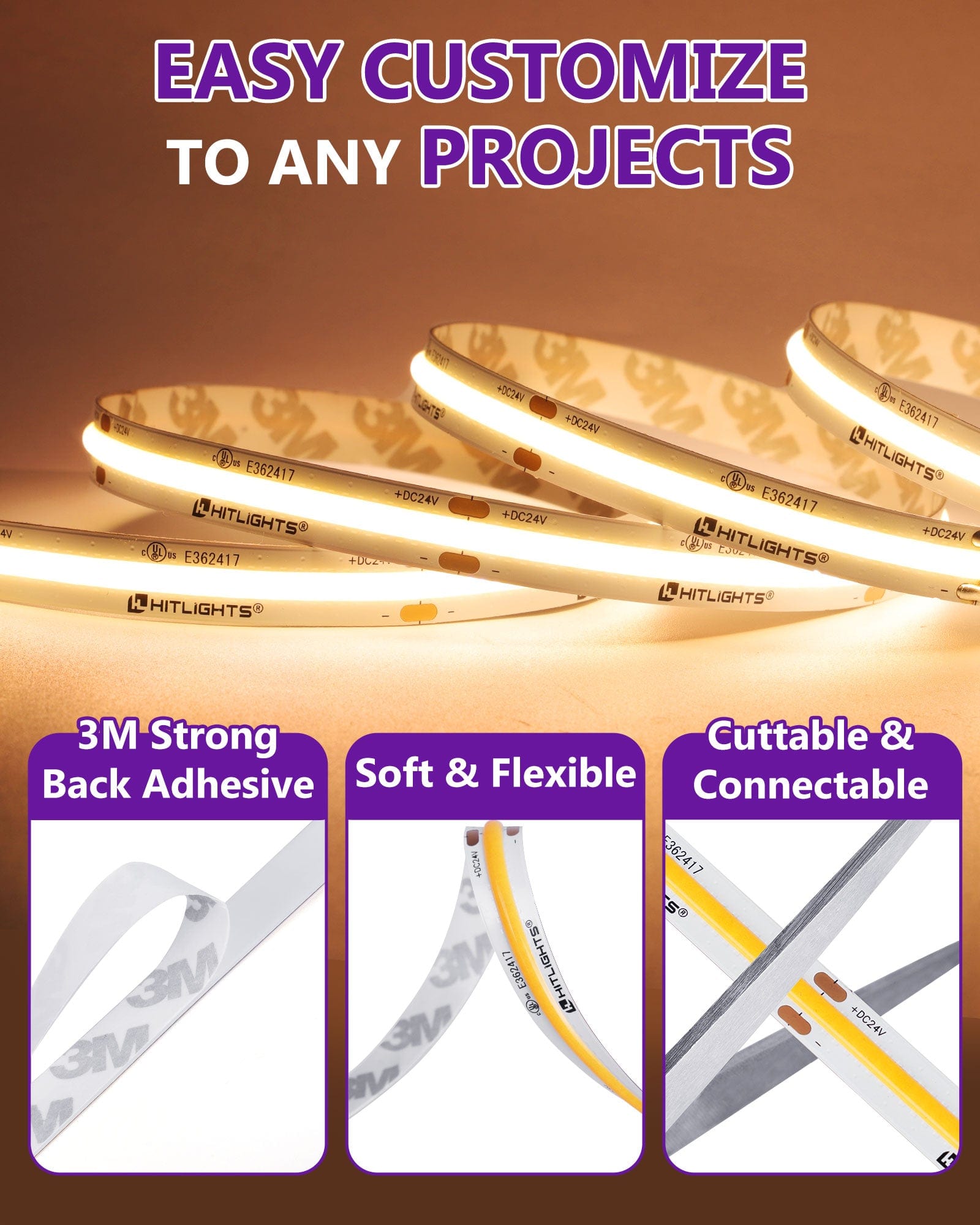 HitLights Single Color LED Light Strips Premium 24V COB LED Strip Light, Single Color (UL-Listed) 16.4ft [IP-30]