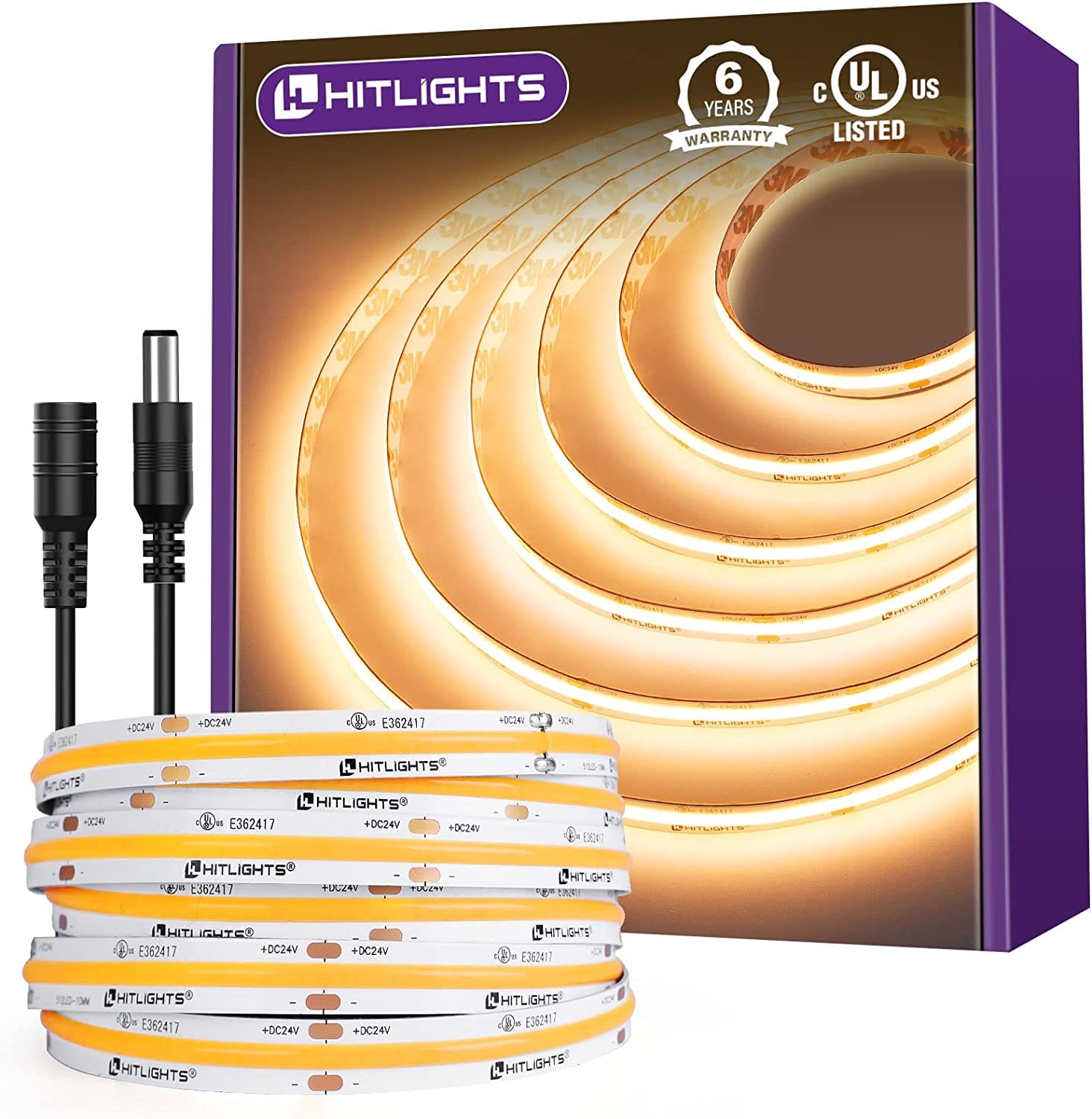 HitLights Single Color LED Light Strips Soft White 2700K Premium 24V COB LED Strip Light, Single Color (UL-Listed) 16.4ft [IP-30]