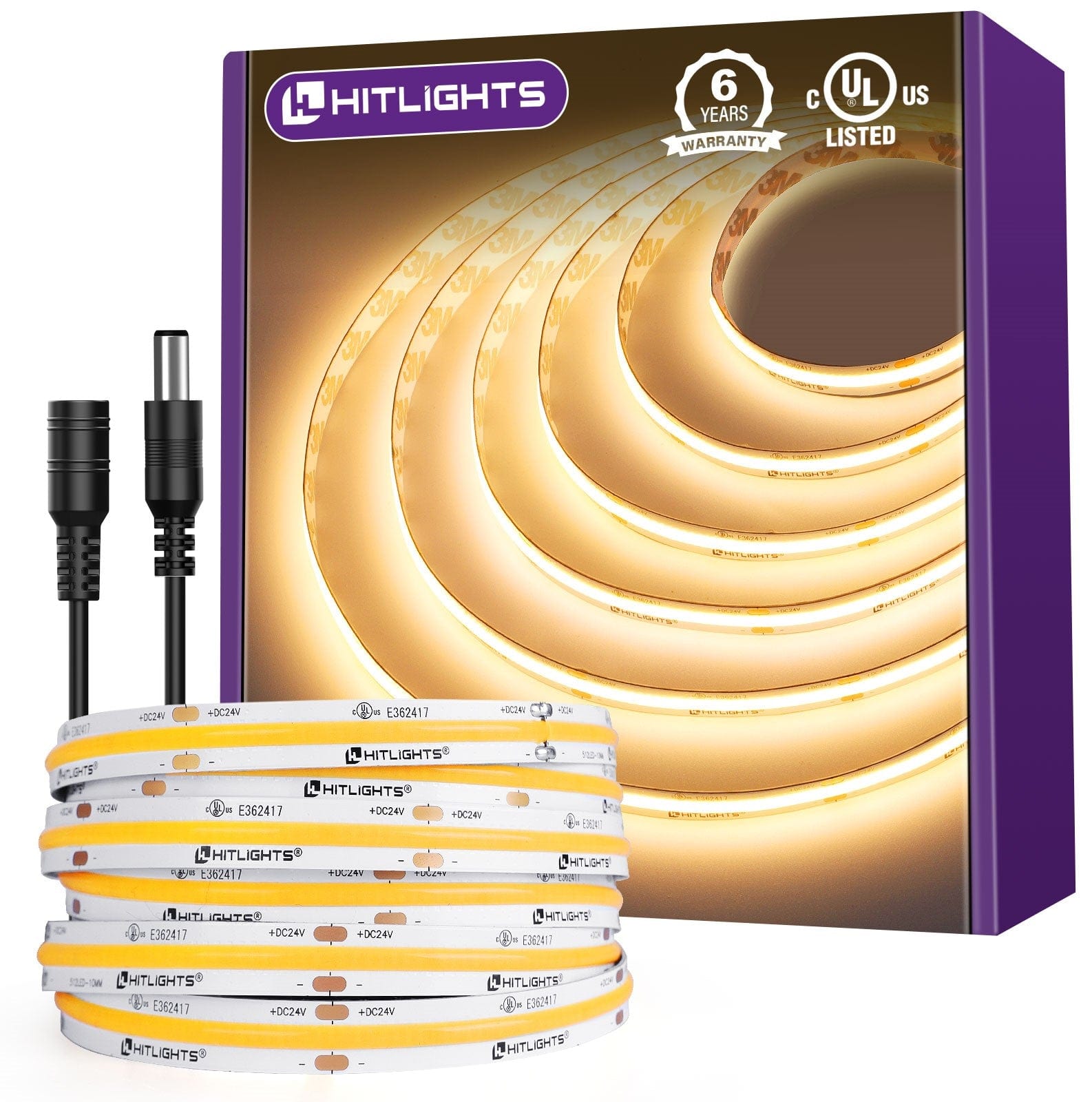 HitLights Single Color LED Light Strips Warm White 3000K Premium 24V COB LED Strip Light, Single Color (UL-Listed) 16.4ft [IP-30]