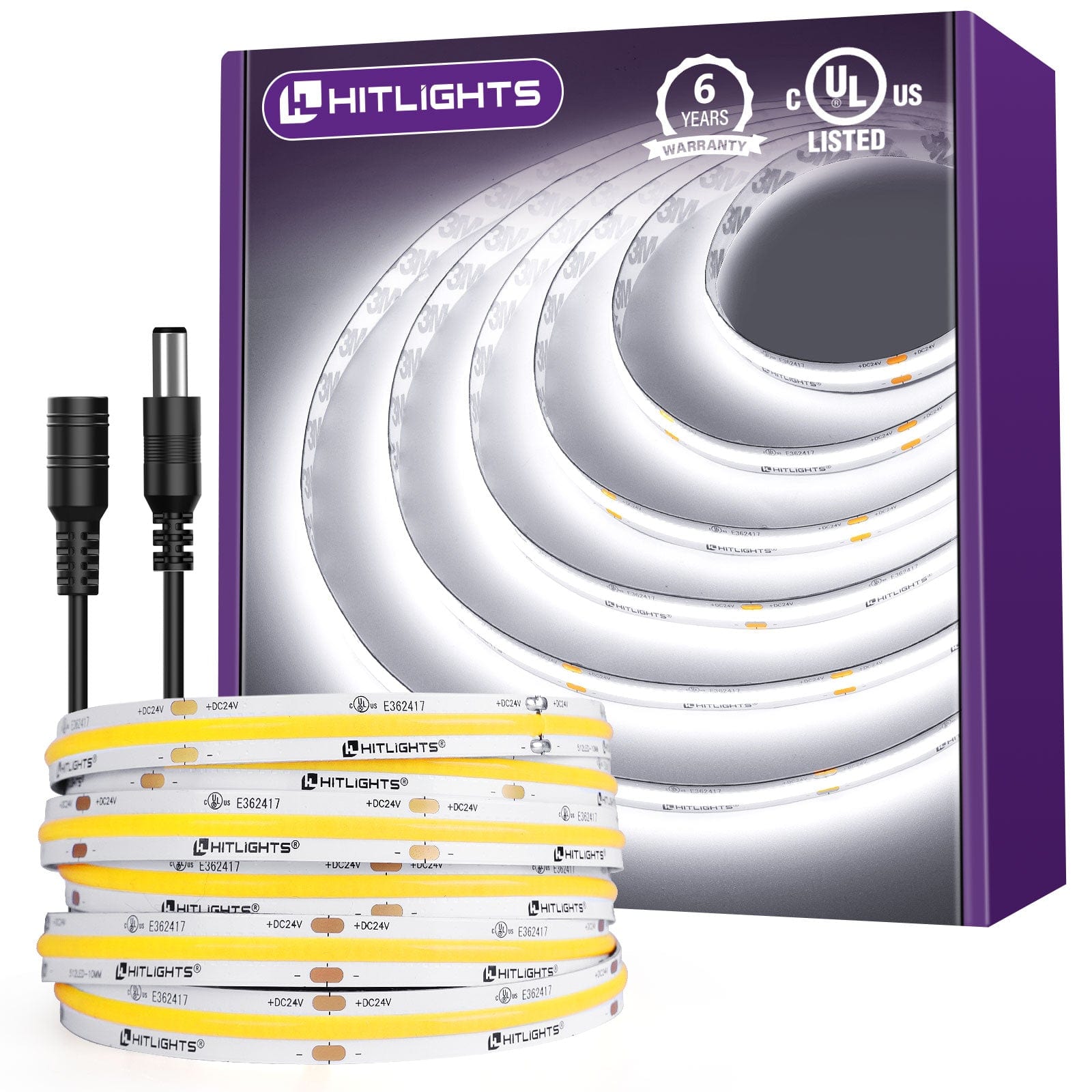 HitLights Single Color LED Light Strips Cool White 5000K Premium 24V COB LED Strip Light, Single Color (UL-Listed) 16.4ft [IP-30]