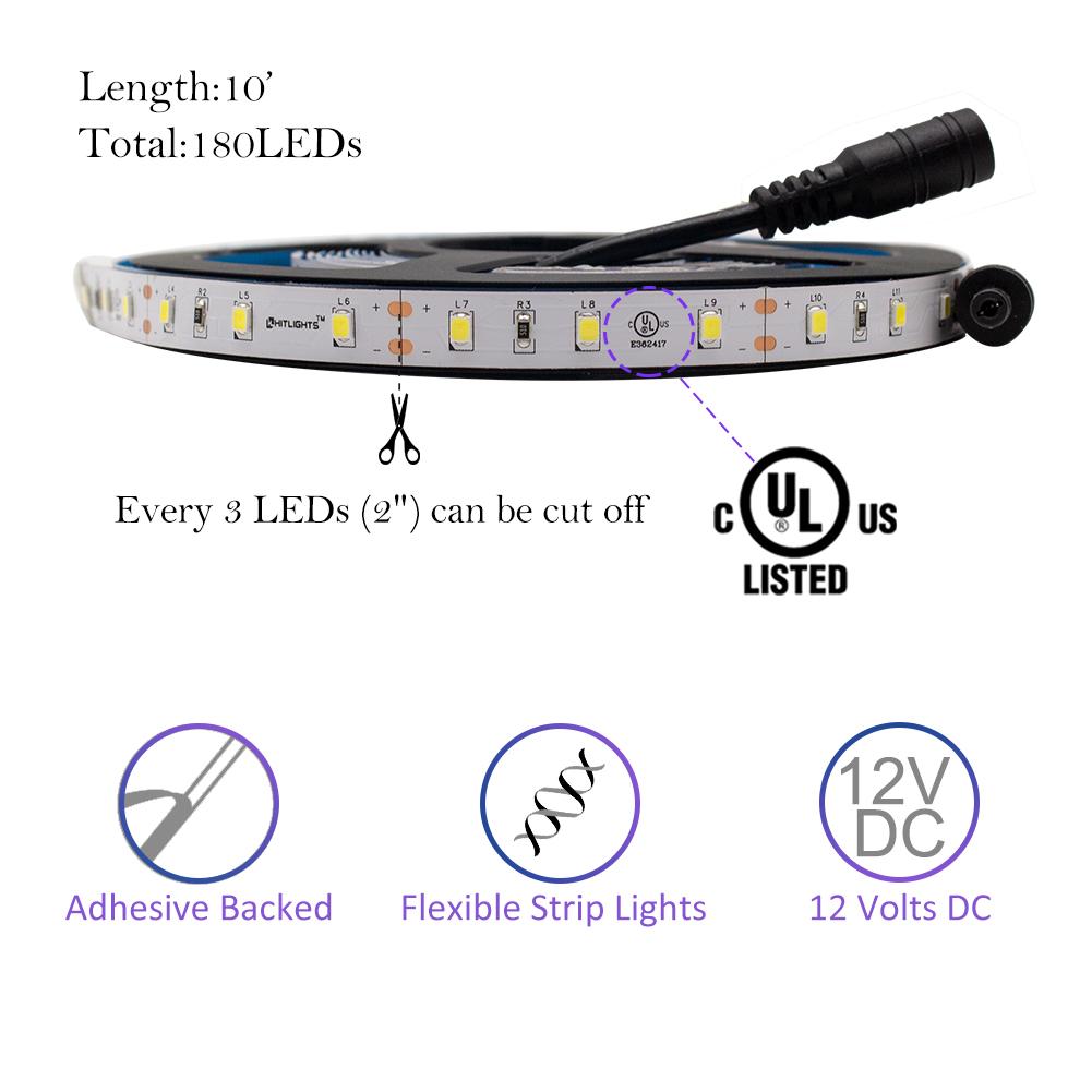 HitLights Single Color LED Light Strips Premium Luma20 (2835) LED Light Strip, Single Color (UL-Listed) 10 Feet - Standard Density [IP-30]