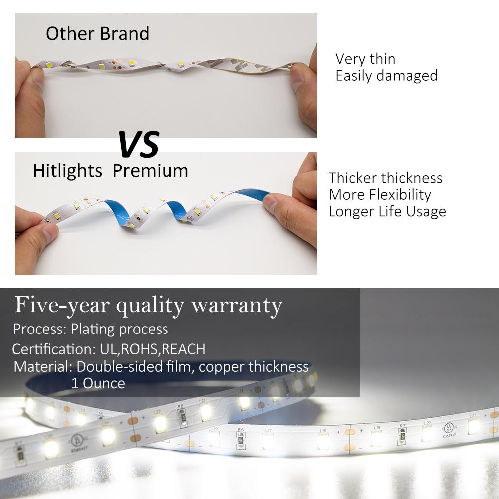 HitLights Single Color LED Light Strips Premium Luma20 (2835) LED Light Strip, Single Color (UL-Listed) 10 Feet - Standard Density [IP-30]